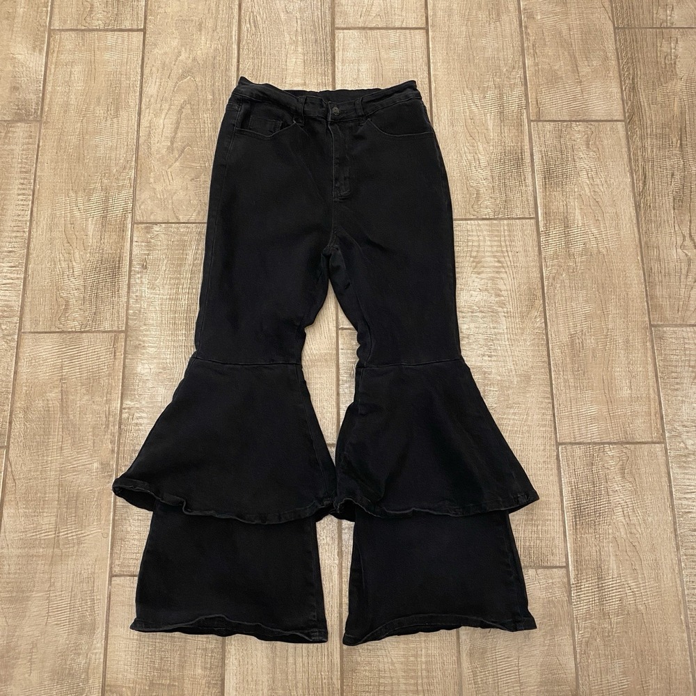 Shein Curve Jeans Women Black Denim 1XL Stretch Tiered Ruffle Flare Bell-bottoms